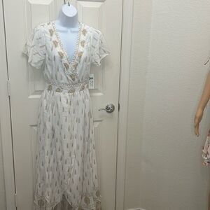 Lapogee Dress Size Small Made India V Neck Flutter Sleeves Lined Elastic Waist